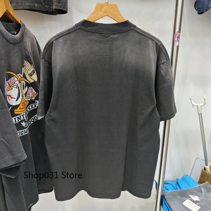 Men's Retro Washed Saint Seamless Design Casual T-shirt Short Sleeve Loose Fit Summer Fashion Tee