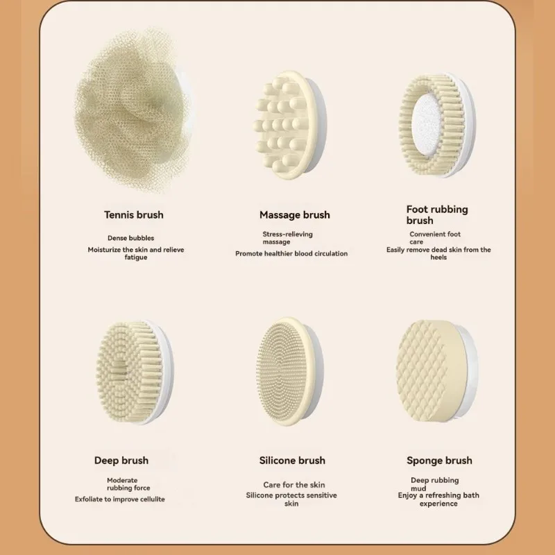 

【OFF SHELF】Back Scrubber With 6 Attachments-Electric Bath Brush-3-Speed Adjustable For Full Body Cleansing And Exfoliation