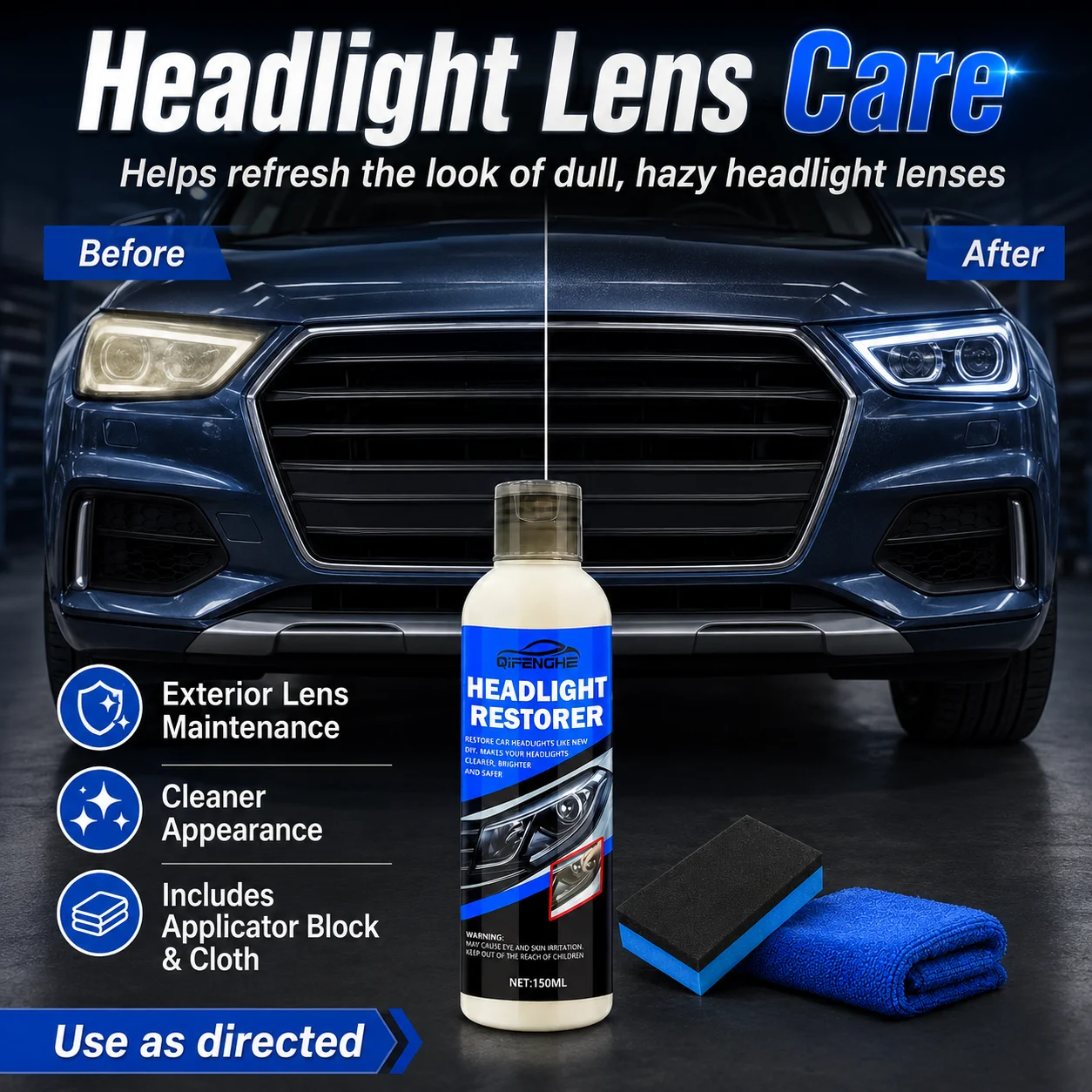 QIFENGHE 150ml Car Headlight Restoration Kit, No-Dismantling Yellowed Repair Liquid, Long Lasting Bright Coating Polish