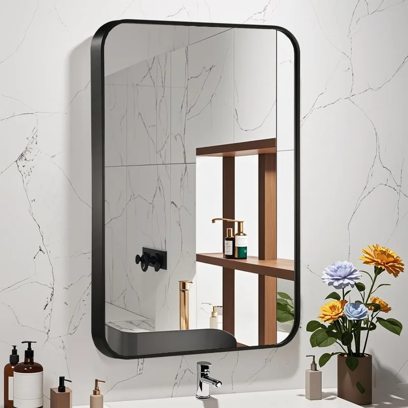 24x36 Inch Black Wall Mirror for Bathroom, Brushed Metal Framed Mirror with Rounded Corner, Rectangle Bathroom Vanity Mirror