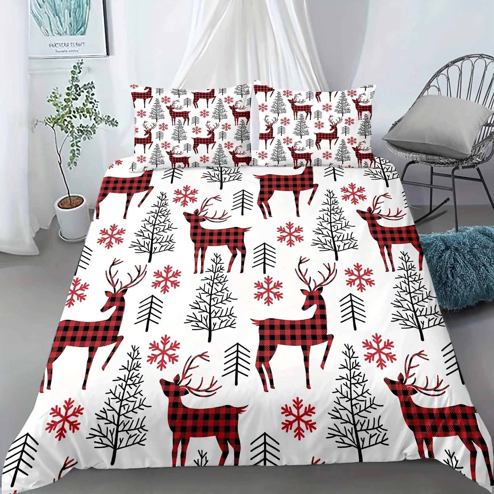 3pcs Merry Christmas Duvet Cover Set Plaid Snowflake Xmas Tree Deer Print Bedding Set Soft Comfortable Duvet Cover, For Bedroom