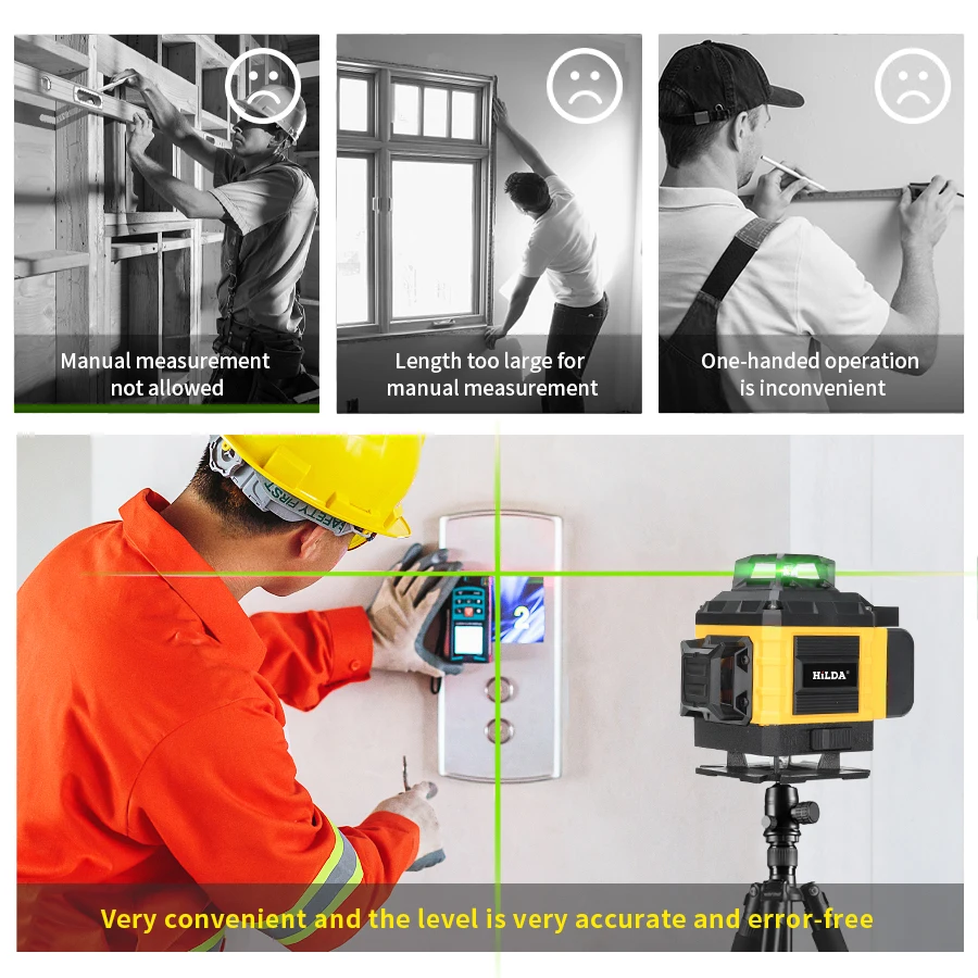 HILDA 4D16 Линии Лазерные Горизонтальные Вертикальные Зеленые 360° °   Самовыравнивающийся для строительства магнитного кронштейна и пульта дистанционного управления ﻿