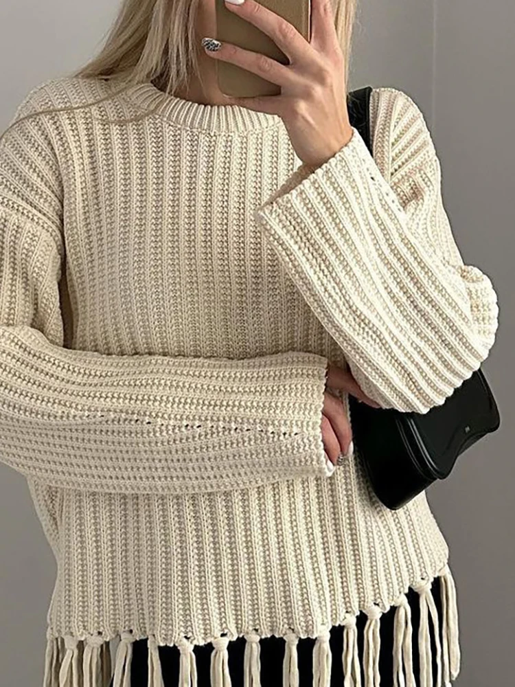 

Женский повседневный уличный утепленный свитер с кисточками, осенне-зимний свитер, винтажный однотонный вязаный пуловер с круглым вырезом, топ