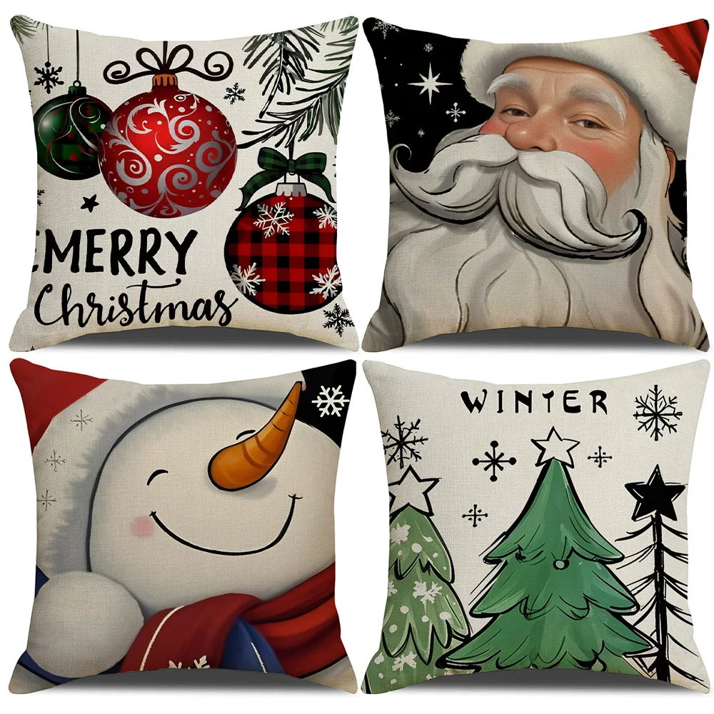 Festive 4pcs Set Of Christmas Pillowcases 18X18 Inch Vintage Santa Claus Reindeer Design Linen Blend
