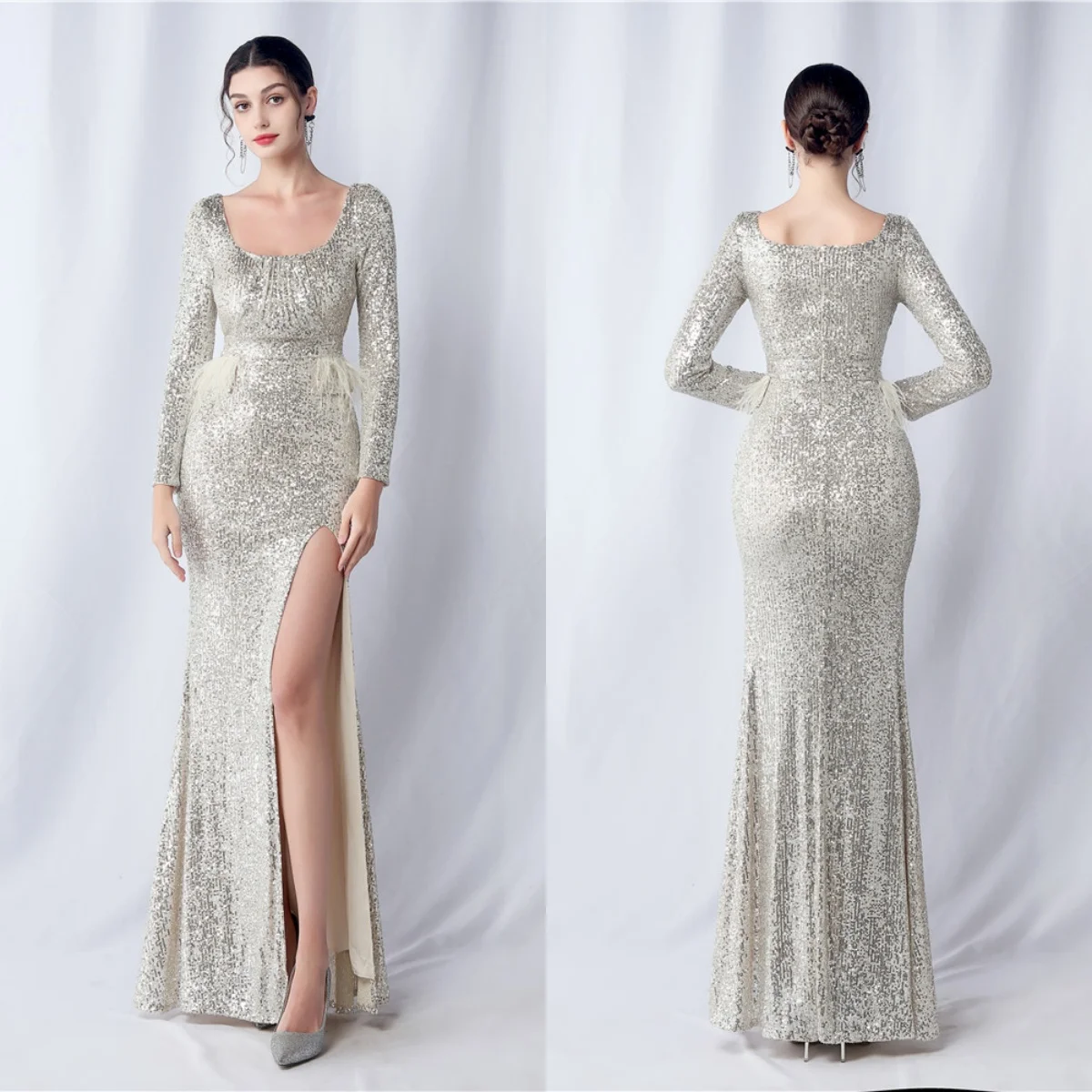 

Evening Dress Champagne Sequins Stretchy O-neck Feather Zipper Mermaid Trumpet Floor Length Slit Women Party Formal Gown YE339