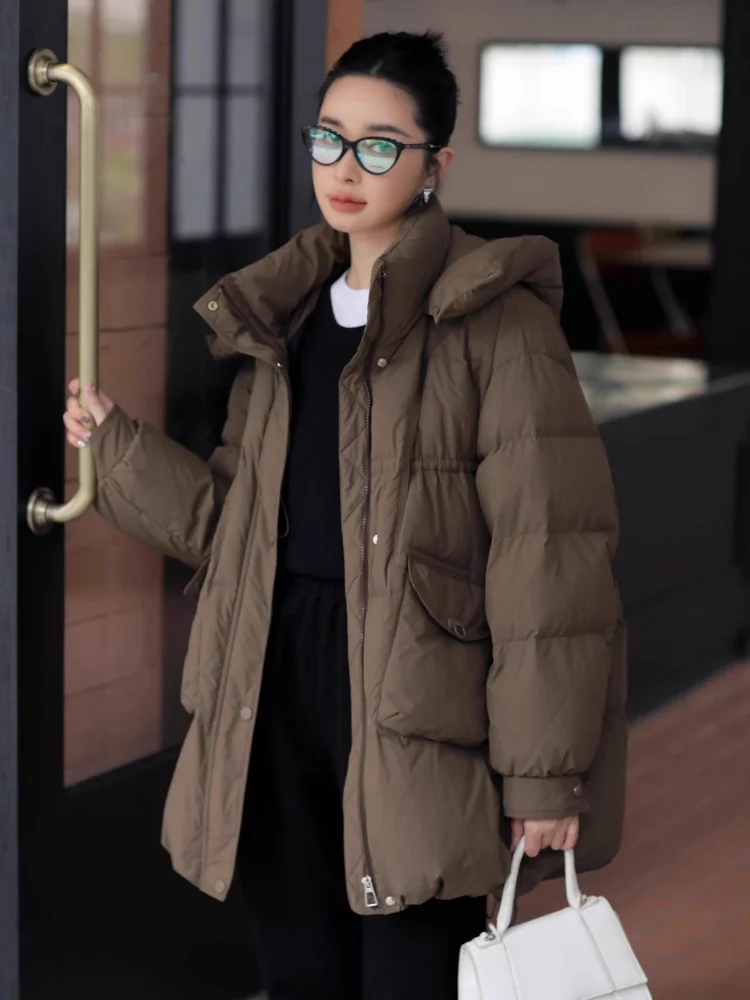 Lässige, lockere, mittellange Puffer jacke für Damen, Winterkleid ung, 90% weiße Enten daunen, verdickte warme, einfarbige Kapuzen oberbekleidung