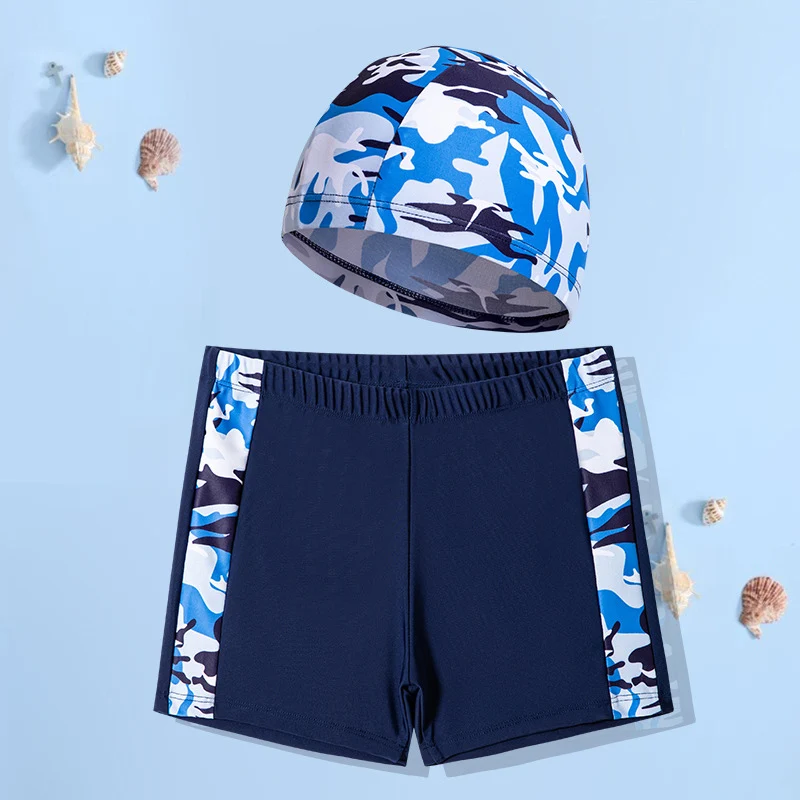 2024  New Boys  Camouflage Swimsuit  Summer Swimming Bathing Suit(Swimming Hat+Swimming Trunks) For Kids Boys 4 to 12 Years