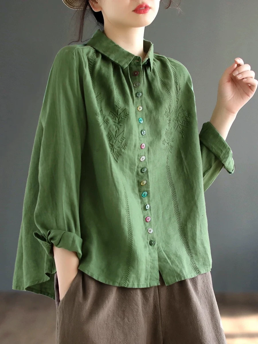 

Retro Ethnic Embroidered Button Women's Cotton Linen irt Long Sve Slim Fit Casual Sle Autumn New Arrival