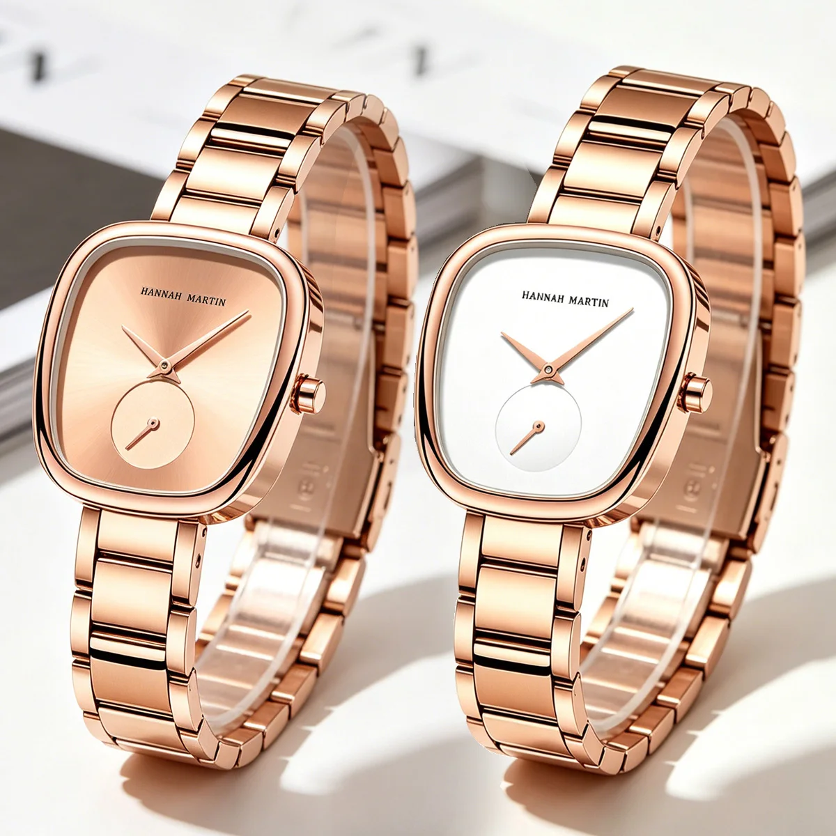 Hannah Martin 1/2Pc Women's Watch Original Elliptical Case 34mm Barrel shaped Clock Quartz Movement Timing Subdial Stainless Steel Strap European Minimalist Style Dial Paired With Summer Dress Watch Local Fast Shipping