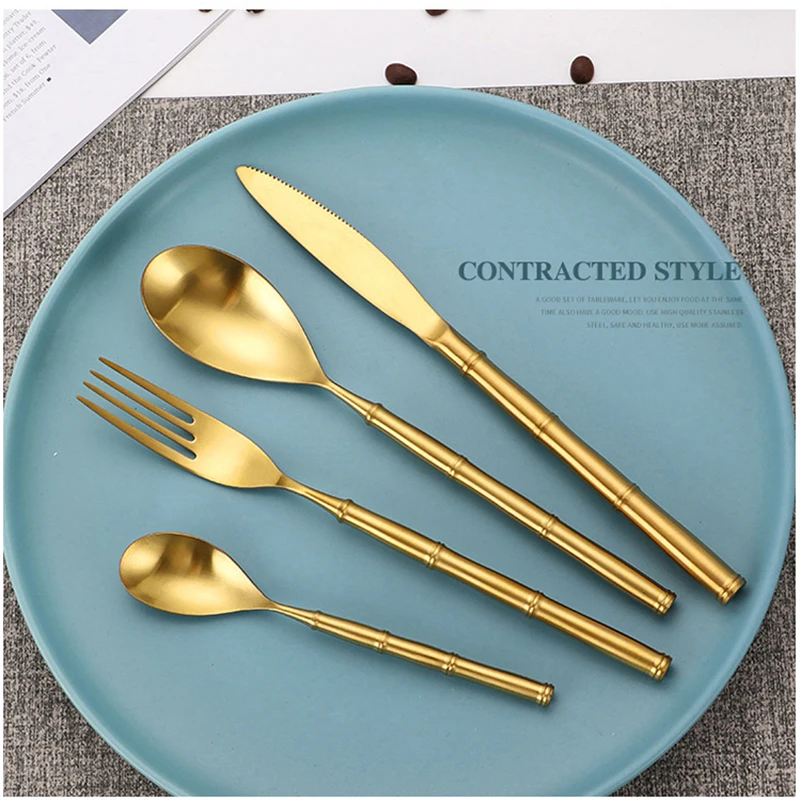 Unique Fancy Bamboo Shape Handle Stainless Steel 304 Cutlery Sets Forged Knife Spoons and Forks Matte Polish Hotel Flatware Sets