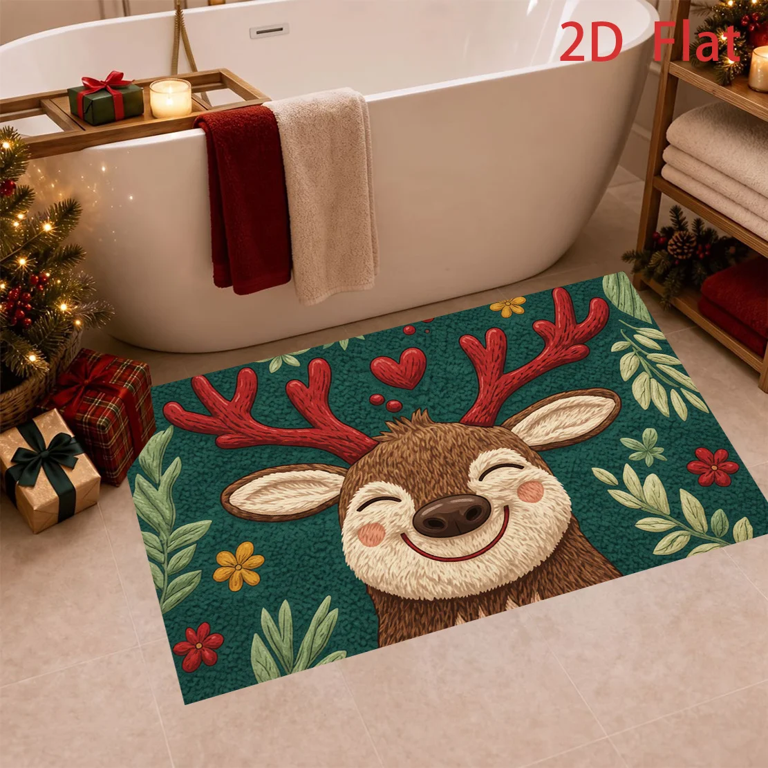 Christmas Deer Bath Mat, Fluffy Plush Absorbent Quick Dry Bathroom Rug, Non-Slip Xmas Holiday Decor with Red Berries Leaves