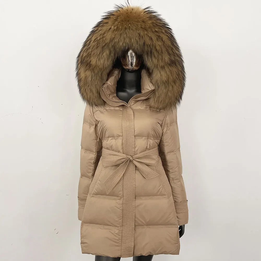 معطف فرو الثعلب الطبيعي دافئ سيدة ريال الراكون الفراء سترة منفوخة الإناث سميكة الأبيض بطة أسفل سترة 2025 جديد الشتاء مكتب النساء