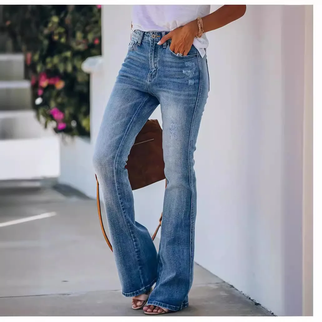 Pantalón vaquero para mujer, pantalones vaqueros lavados acampanados, pantalones ajustados de cintura alta con botones y cremallera, pantalones informales con empalme sólido, primavera 2025