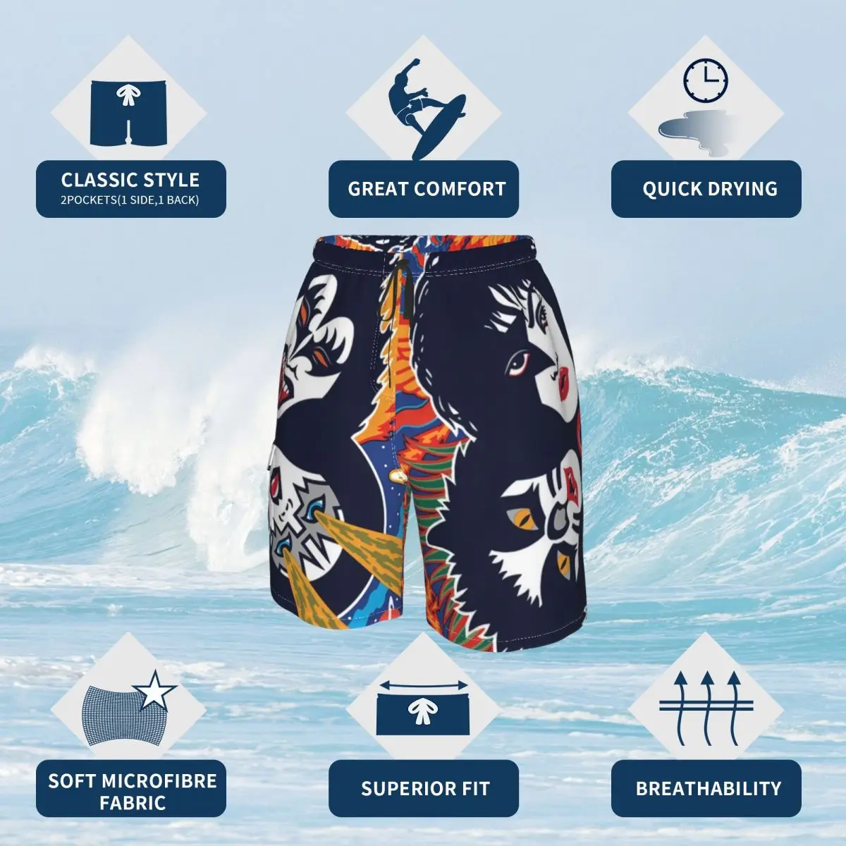 Kiss Band Board Shorts Kiss Music, cómodos pantalones cortos de playa, bañadores personalizados de talla grande para hombre, regalo de cumpleaños