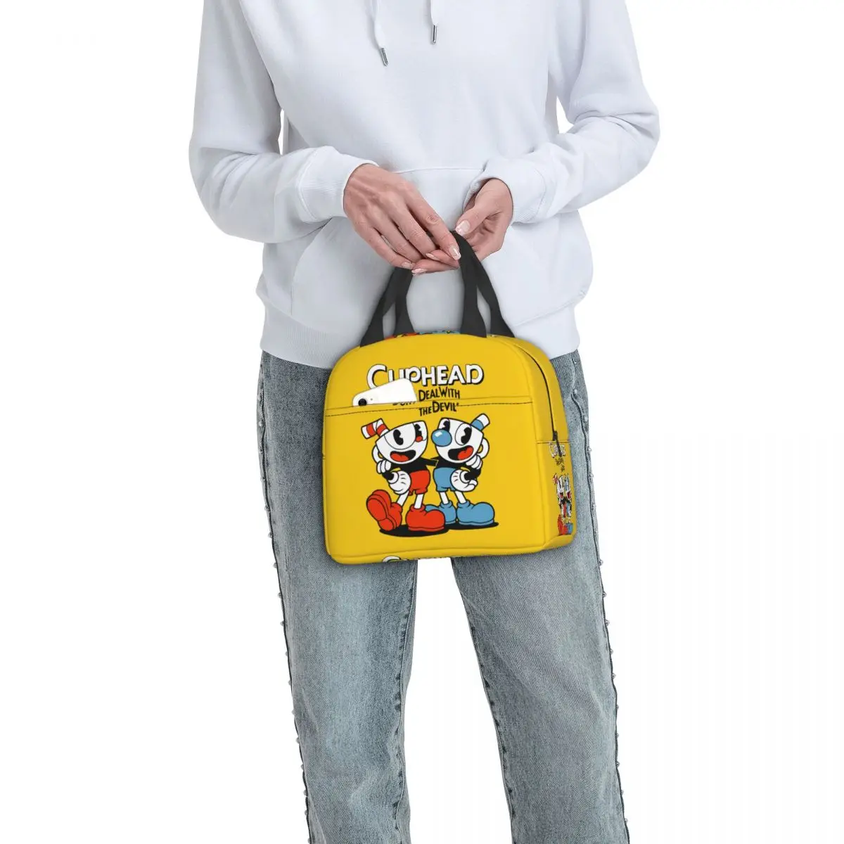 Cuphead Mugman-fiambrera impermeable con aislamiento térmico para mujer y niño, bolso de mano para el trabajo y la escuela