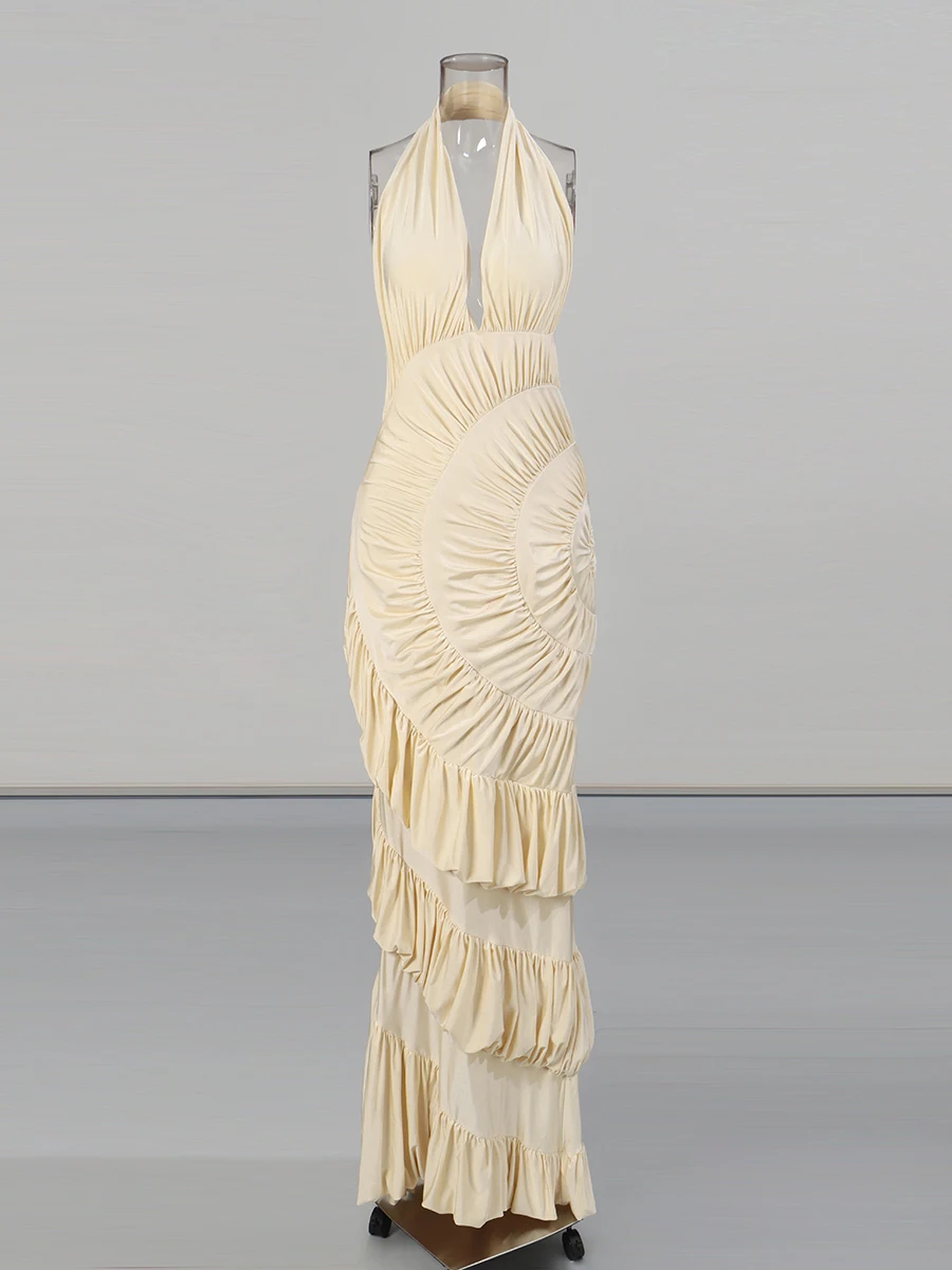 TWOTWINSTYLE Sexy Afslanken Gesplitste Ruches Plooien Elegante Lange Jurken voor Vrouwen Halter Mouwloze Temperament Jurk Vrouwelijke Nieuwe