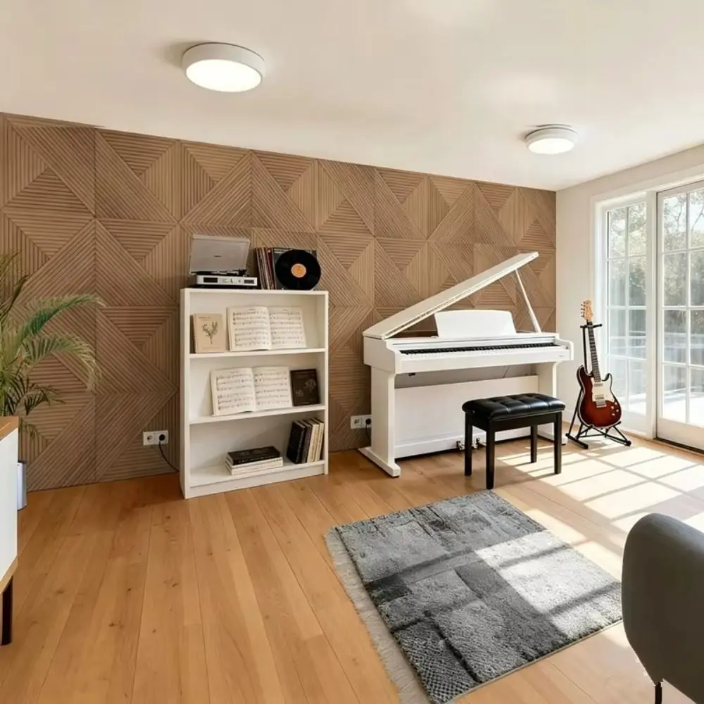 3D Wood Grain Acoustic Panels Polyester Fiber Peel And Stick Sound Absorbing Panels Grid Wall Sticker Noise Reduction