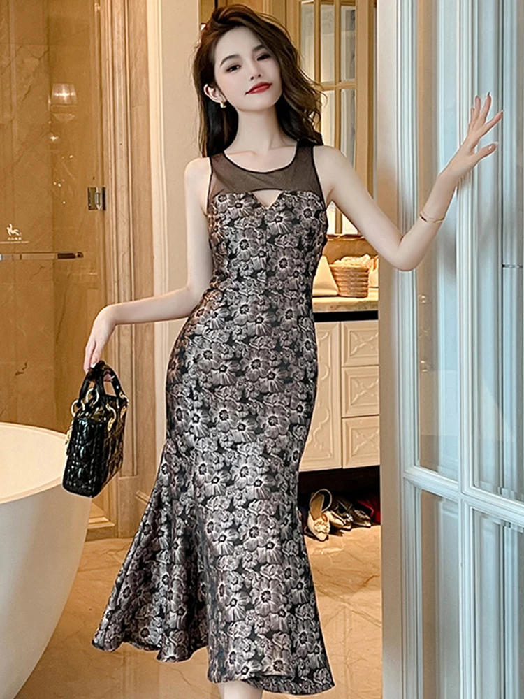 

Summer New Women's French Vintage Perspective Mesh Splice Cut Out Bandage Lace Up Fishtail Robe Femme Party Runway Prom Vestidos