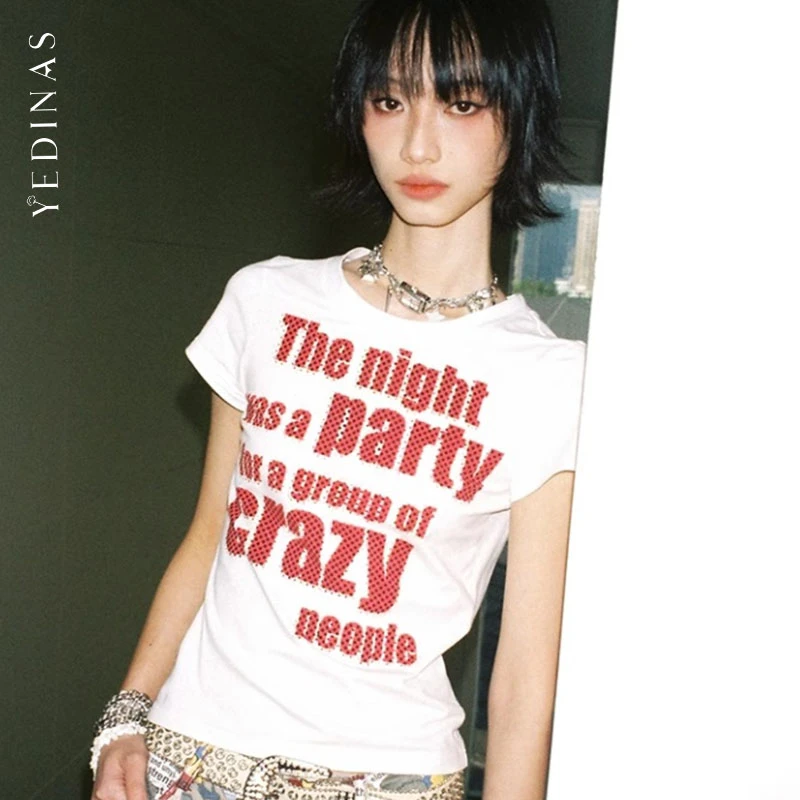 

Yedinas Print Letter Women's T-shirt Short Sleeve Summer Tops 2000s Clothes Y2k Graphic Tees Female Korean Fashion Streetwear