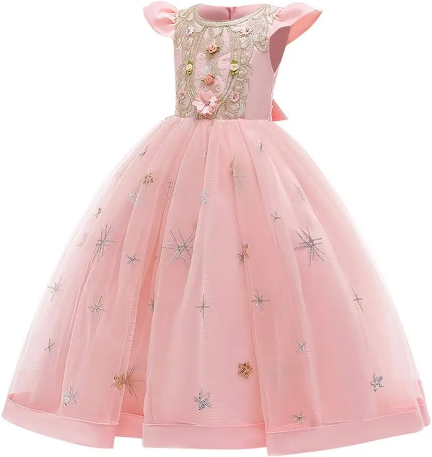 Vestido de encaje floral bordado para niña, trapeador de piso, vestido de comunión de gasa para fiesta de cumpleaños de princesa, vestido de niña de flores de boda