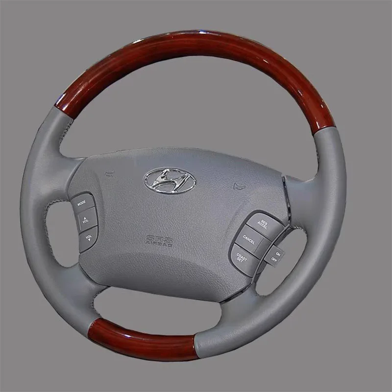 For Hyundai Grandeur SONATA 2006-2010 Hand-Stitched non-slip grey Genuine Leather peach wood grain car Steering Wheel Cover