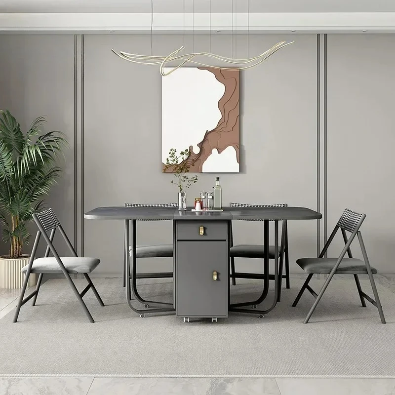 Movable Folding Dining Table with Storage Rack and 2 Drawers Extendable Versatile Kitchen Table and Metal Folding Dining Chairs
