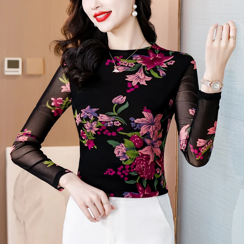 Long Sleeved Top Women Autumn Spring T Shirt Flowers Printing Mesh Tops Fashion Floral Top V Neck Tee Femme Fashion Women