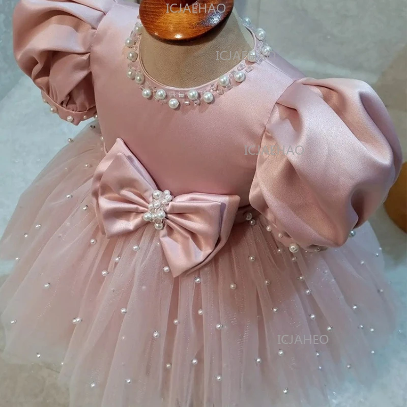 

2026 Pink Puff Sleeve Beaded Bow Kids Flower Girl Wedding Formal Gown for Girls Princess Dress First Birthday Party Handmade