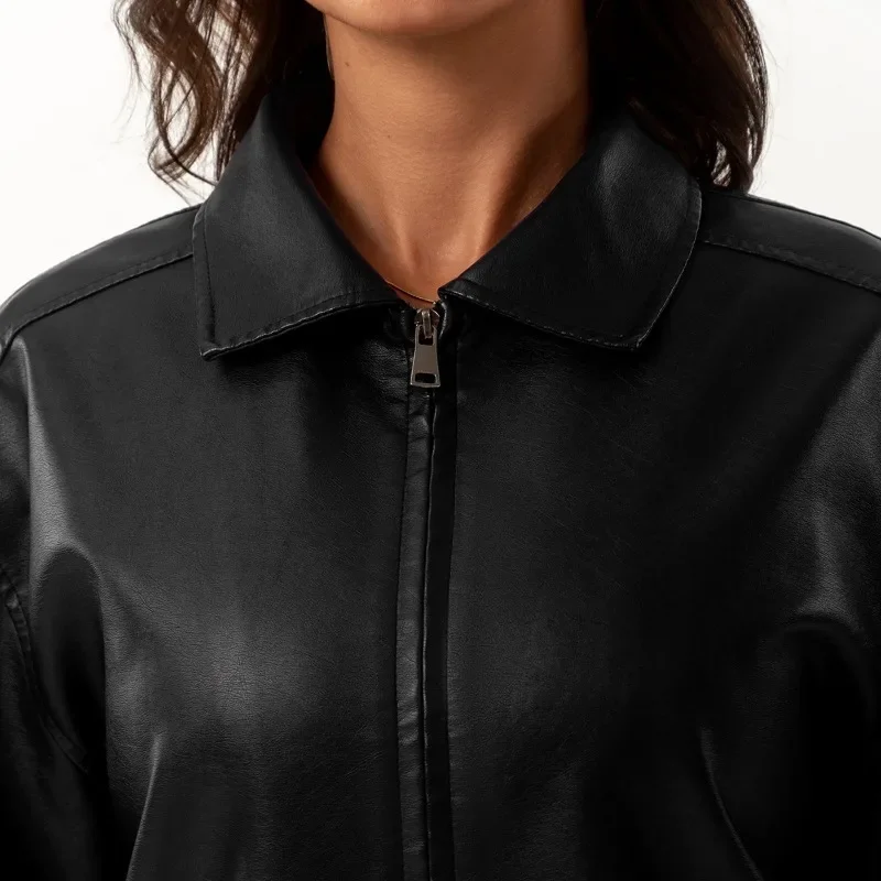 Blouson aviateur en cuir à manches longues pour femme, veste surdimensionnée pour femme, revers, combiné décontracté, printemps, automne, nouveau, 2025