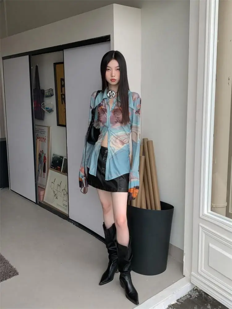 Yedinas Streetwear Patchwork Blouse Women Long Sleeve Mesh Tops See Through Chic 2023 Autumn Slim Unique Y2k Ladies Shirts