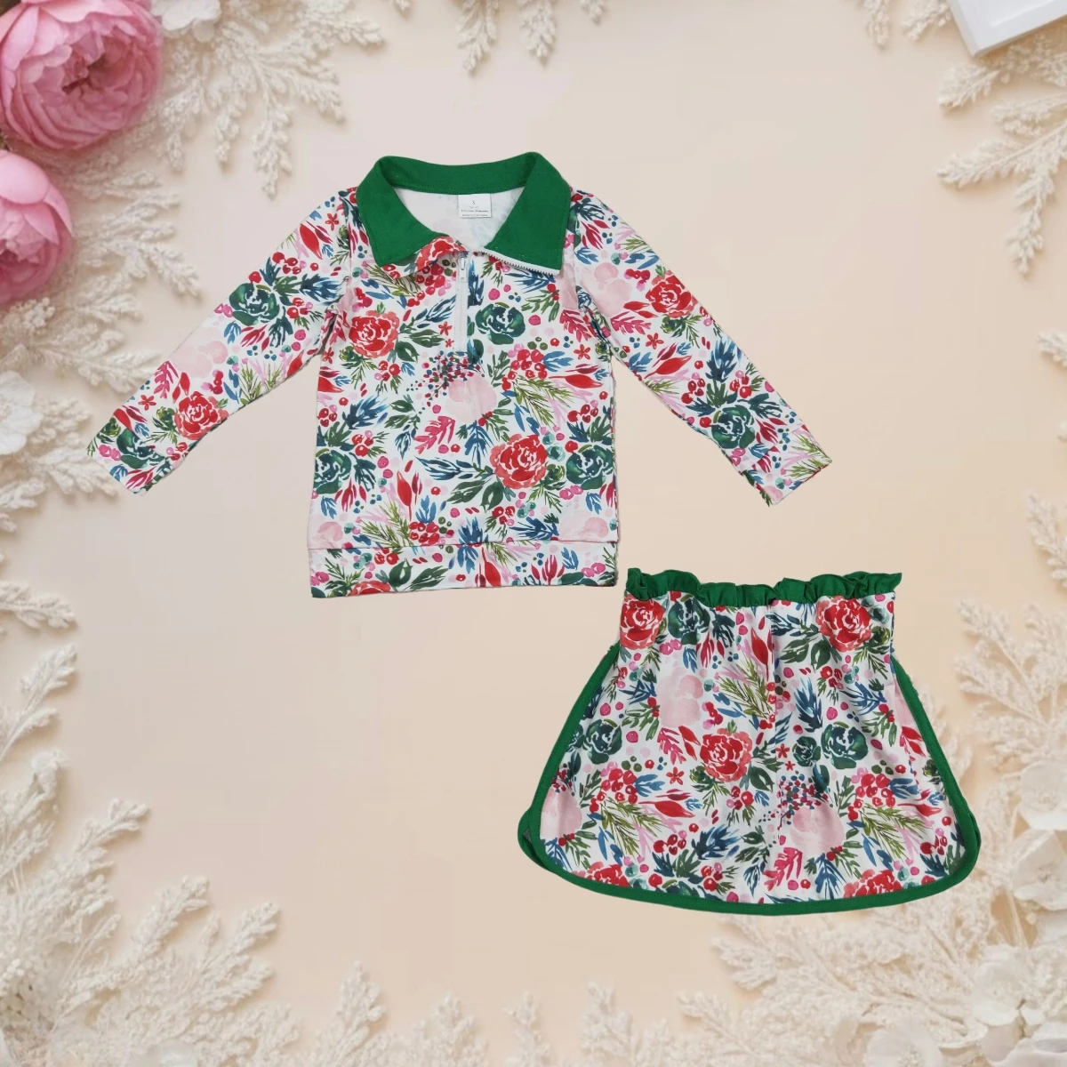 جديد حار بيع أزياء طفلة 2PC مجموعة طويلة الأكمام نصف البريدي أعلى Skorts لطيف الأخضر الأزهار طباعة الزي طفل رضيع بالجملة