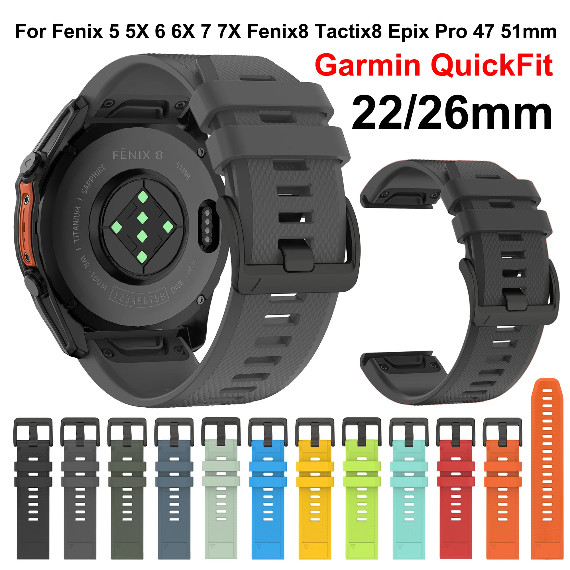 Pulseira QuickFit 22 26mm para Relógio Garmin Fenix 5 5X Plus, Fenix 8 7 7X Pro 6 6X SOLAR, Tactix 8, Quatix 8 47mm 51mm