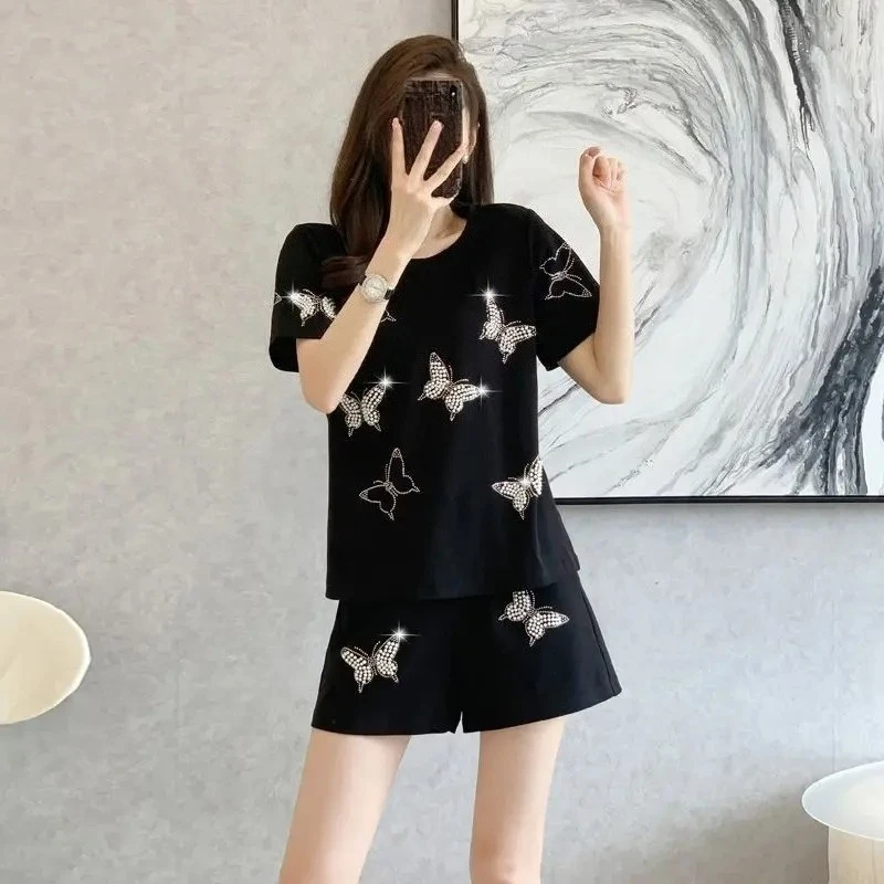

Short Sets for Women 2 Pieces Elastic Round Neck T Shirt Summer Fashion 2025 Luxury Complete Two Novelties Stylish Woman Shorts