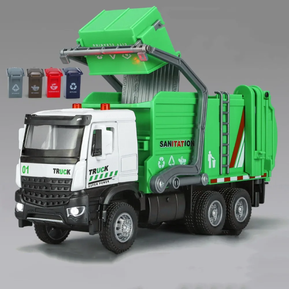 1/32 Crane Sanitation Car Model Toys Diecast Alloy Engineering Vehicle Sound Light Pull Back High Simulation Model For Kids Gift