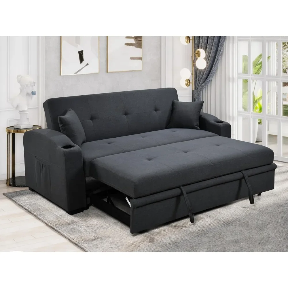 Queen 75'' Convertible Sofa Bed with Cup Holders, Linen Loveseat Couch with Pull Out Bed and Adjustable Backrest，Sofa Bed