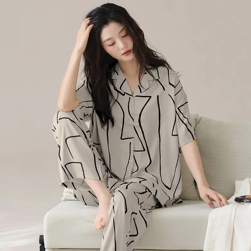 Cardigan Pajamas Women's Summer Thin Cotton Pijamas Short-sleeved Trousers 2025 New Korean Version Sweet Simple Loungewear Set