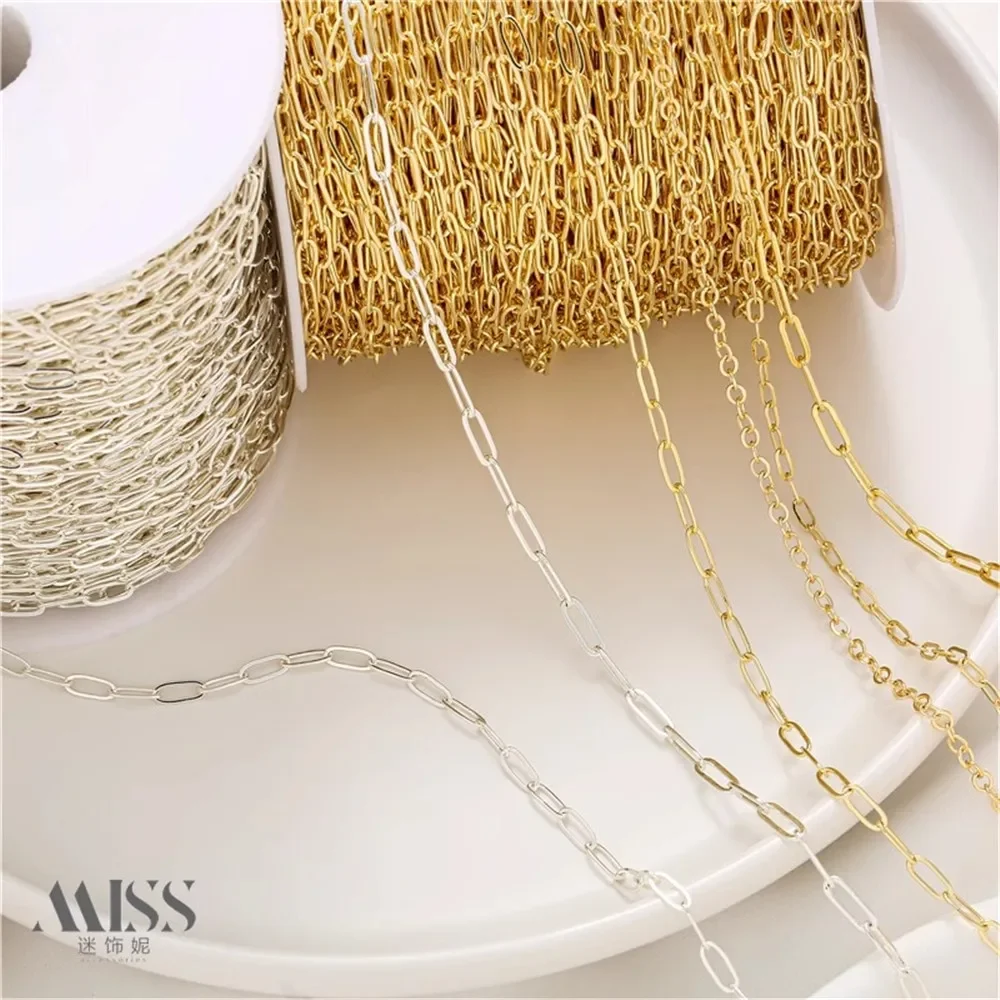 14K Real Gold-plated Silver Flat O Chain DIY Bracelet Necklace Oval Rectangular Chain Material Jewelry Accessories Loose Chain