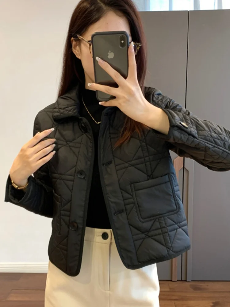 

Lightweight Cotton Quilted ort Jaet Women's Sle Ele Lady Bla Diamond Pattern Slim Fit Faionable Autumn Outerwear