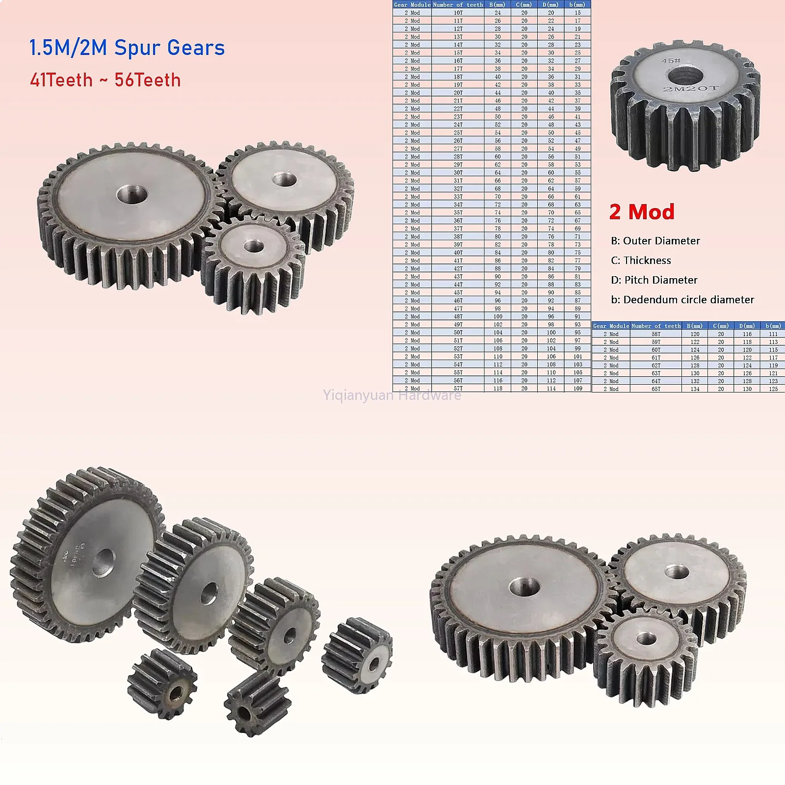 Yiqianyuan 1.5M 2M Spur Gear 45# Steel 41-56 Teeth 15/20mm Thickness Transmission Gear for CNC