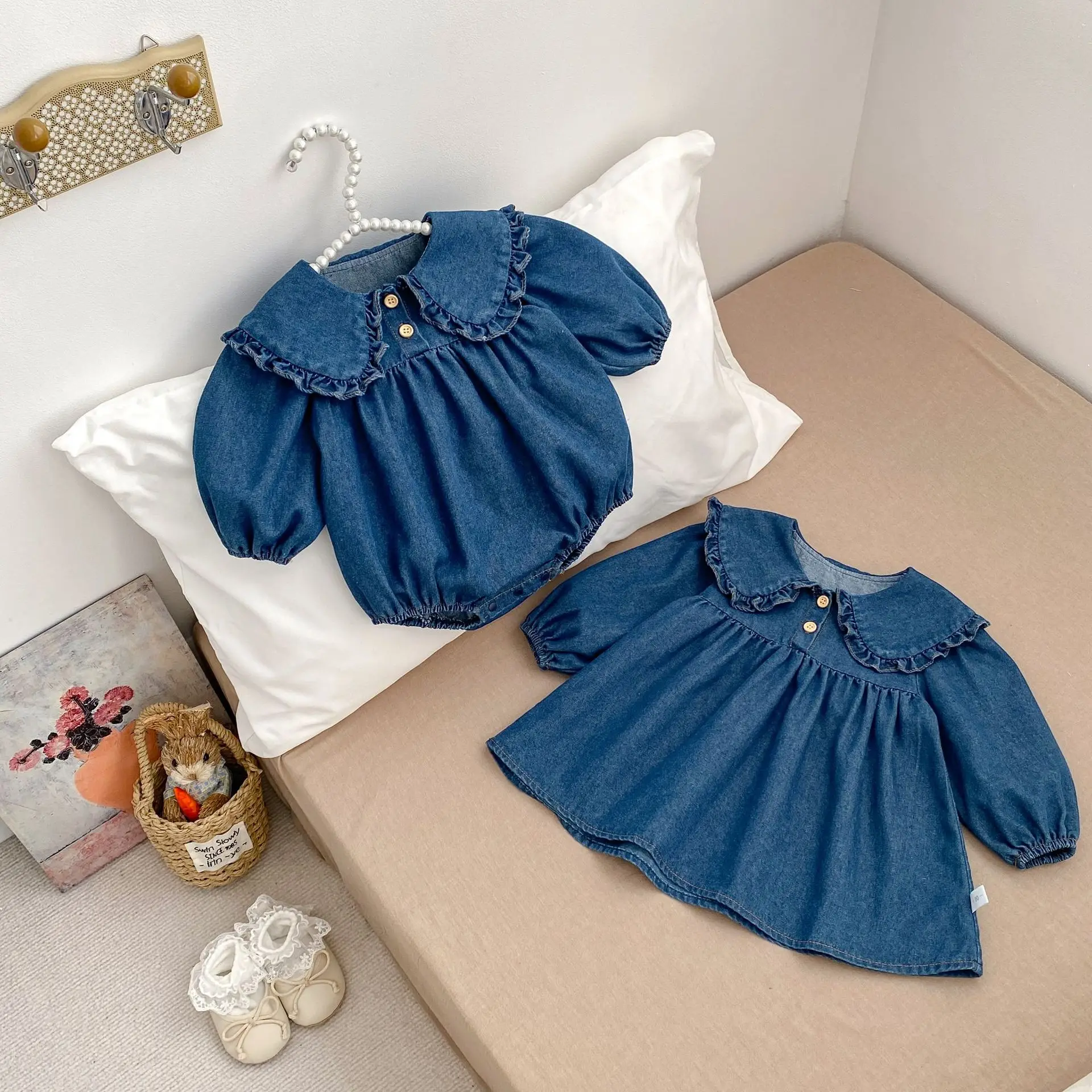 2025 New Fashion Sister Match Clothes Long Sleeve Peter Pan Collar Denim Romper A-line Dress Outfits Princess Suit