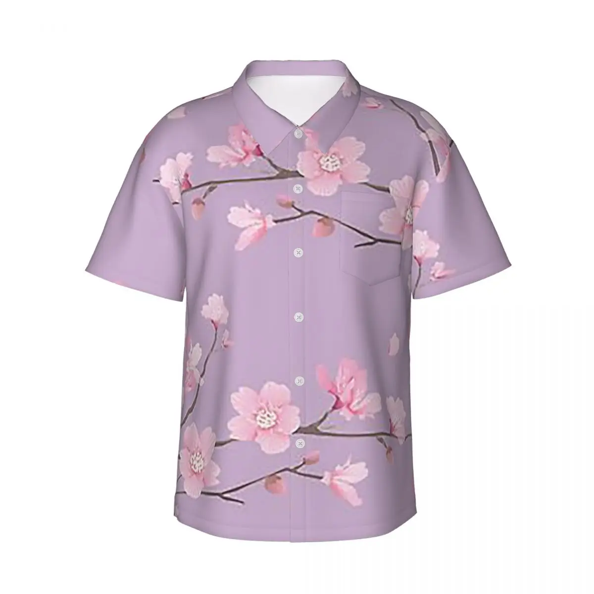 Cherry Blossom Flower Plant - Pastel Purple Men's Shirts Hawaiian Short Sleeve Shirt Fashion Button Tops for Summer Beach