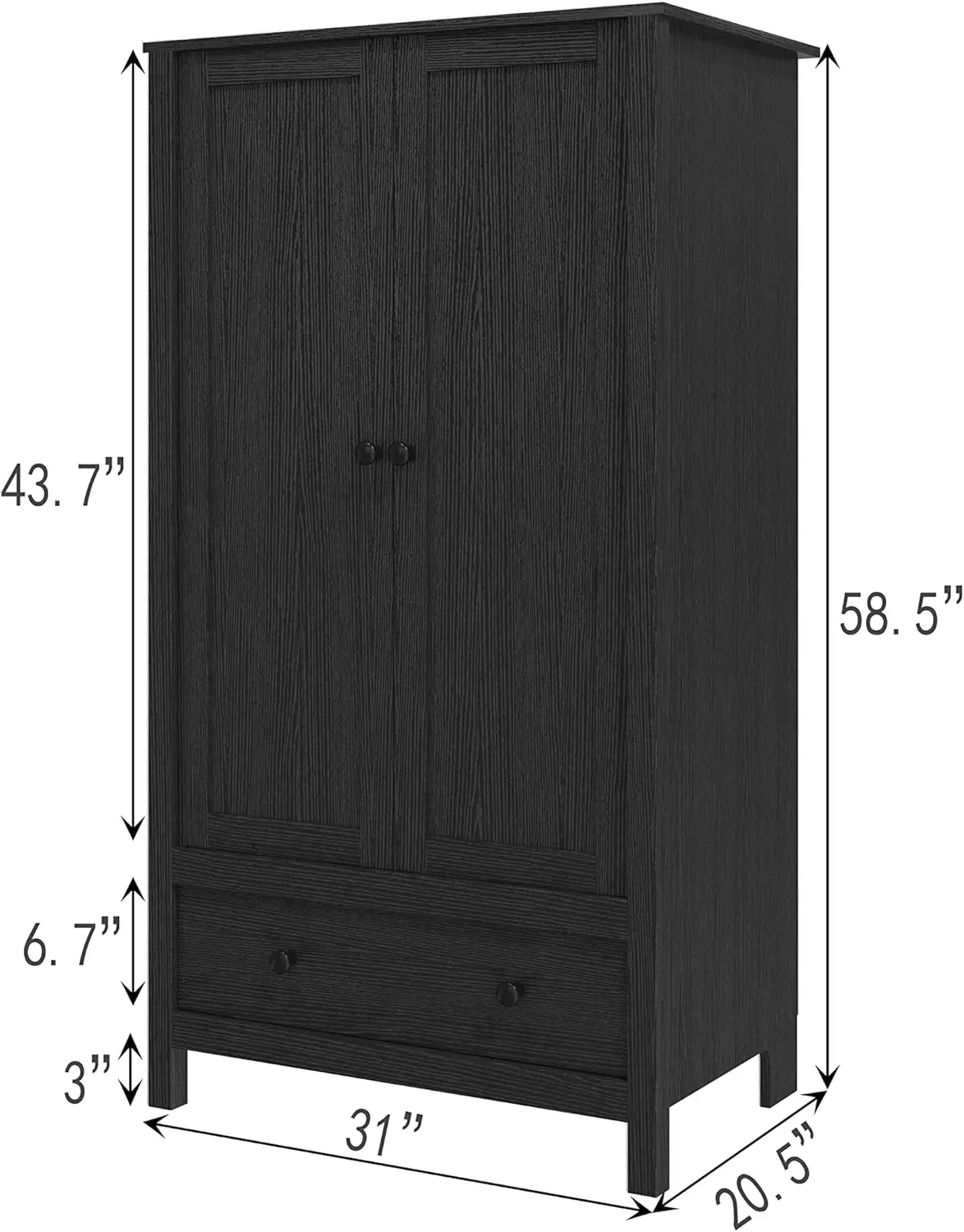 Door Wardrobe, Armoire with Drawer for Bedroom (Black)