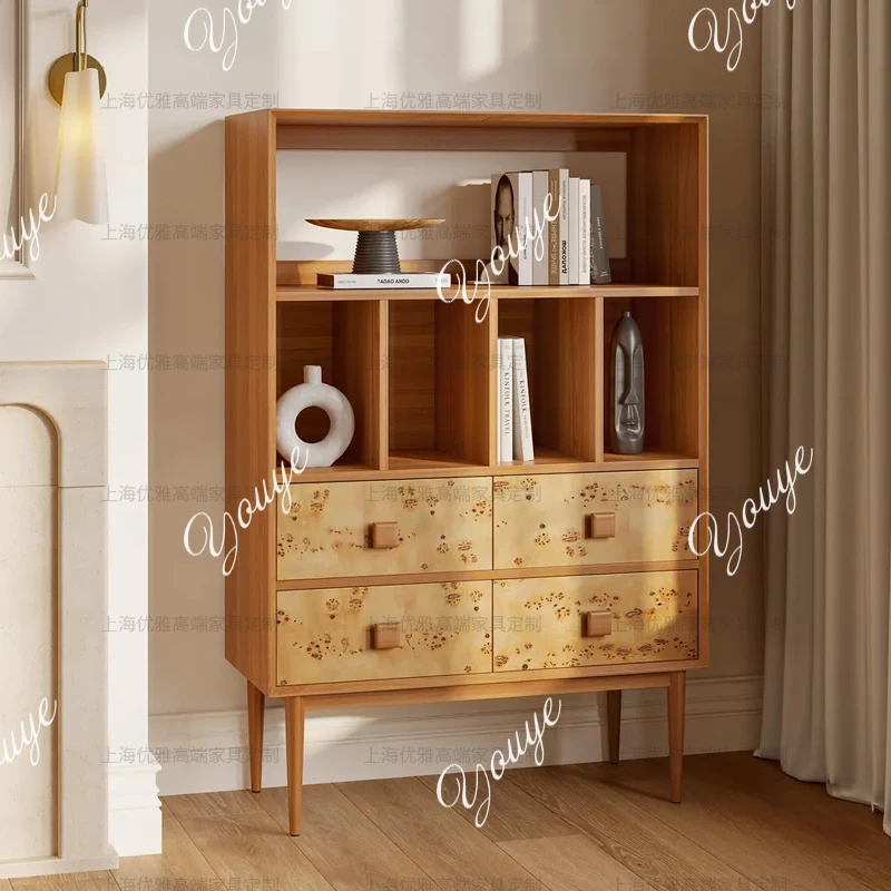 

Medieval retro style solid wood bookcase designer household log style bedroom storage multi-functional storage cabinet