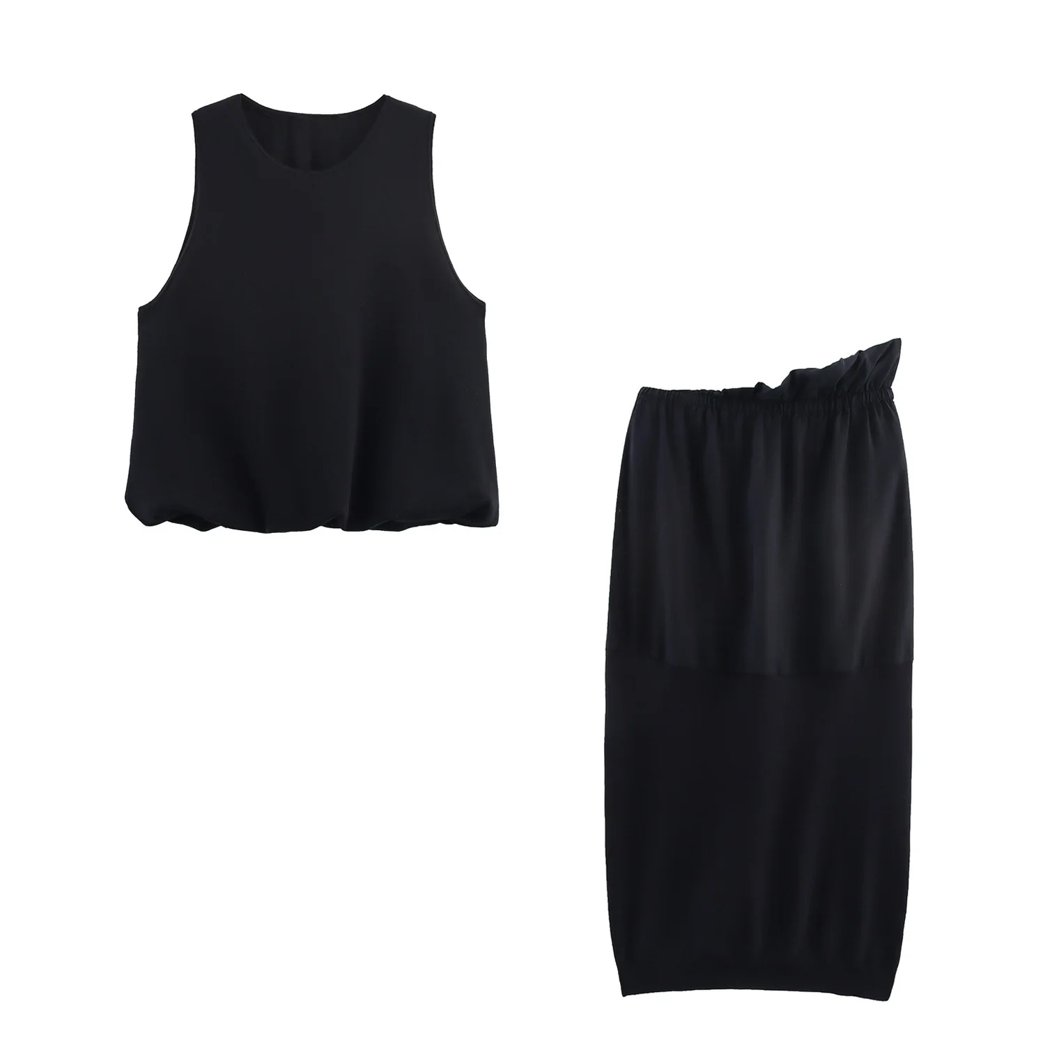 

BM&MD&ZA Women's Fashion Set of Puffy Bubble Hem Knit Cami Top and Asymmetric Knit Patchwork Midi Skirt