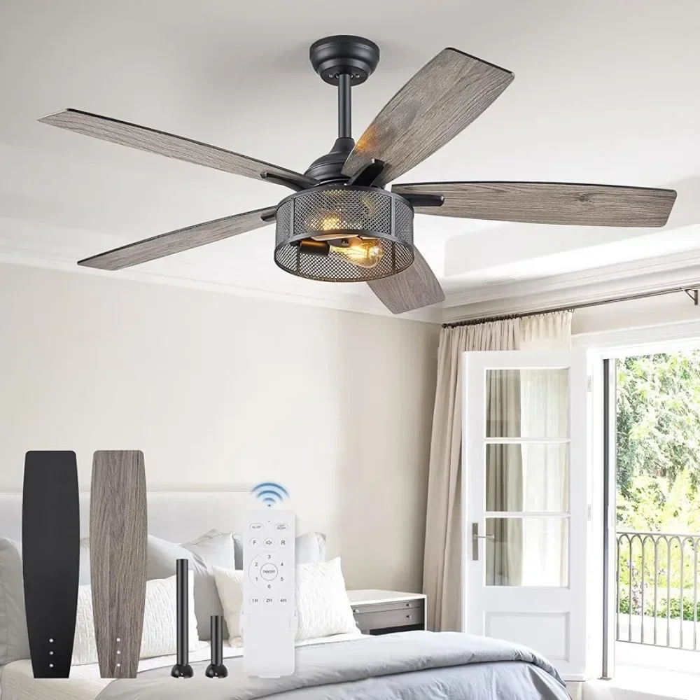 

Farmhouse ceiling fan with lights and remote control, 52 inch black industrial cage ceiling fan for bedroom, living room,kitchen