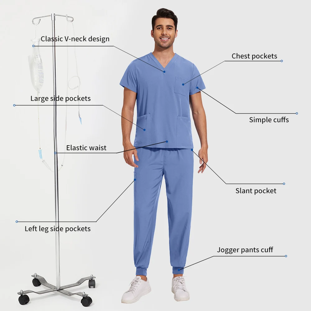 Niaahinn บทความพยาบาลเครื่องแบบผ่าตัด Medical Scrubs ชุดผู้ชาย V คอสั้นเสื้อแขนสั้น Joggers กางเกงชุดขัดชุด