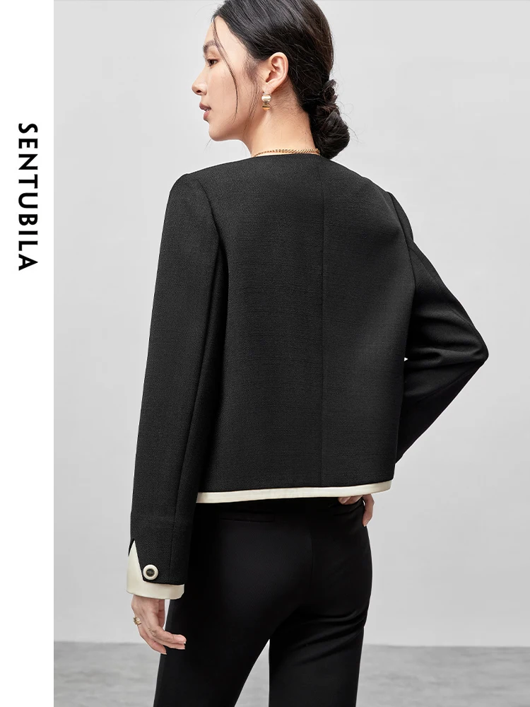 SENTUBILA Women Elegant Patchwork Jackets   2024 Autumn Round Neck Long Sleeve Shoulder Pads Short  Tops 143W55824