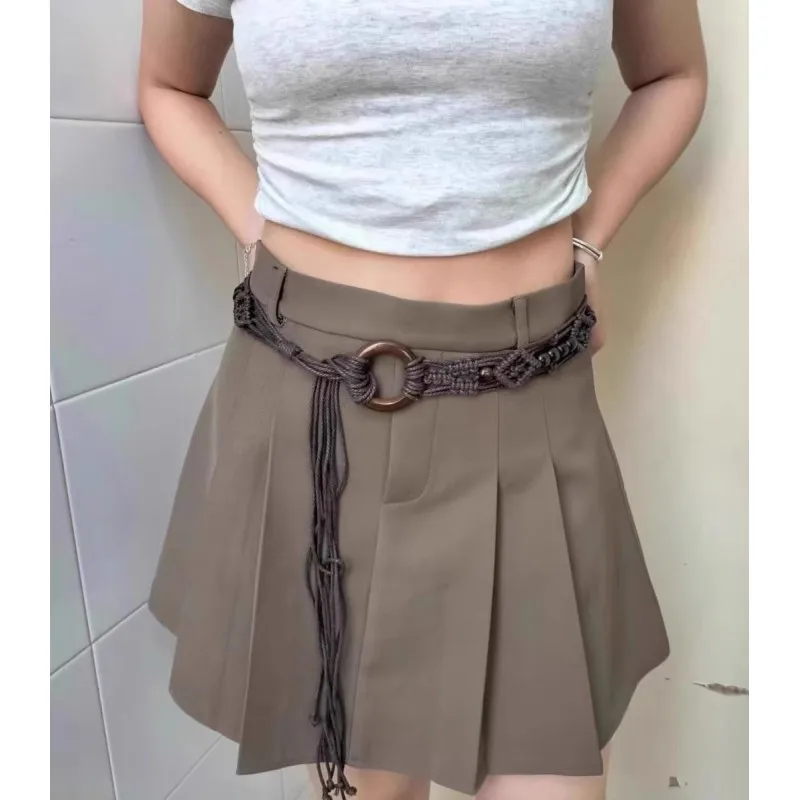 Bohemian log buckle wax rope woven knotted ethnic style handmade wooden bead women's waist belt, casual resort-style waist rope