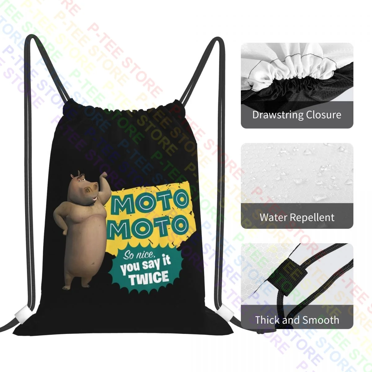 Madagascar Moto Moto Say It Twice Text Poster Drawstring Bags Gym Bag Hot Portable Storage Bag Clothes Backpacks