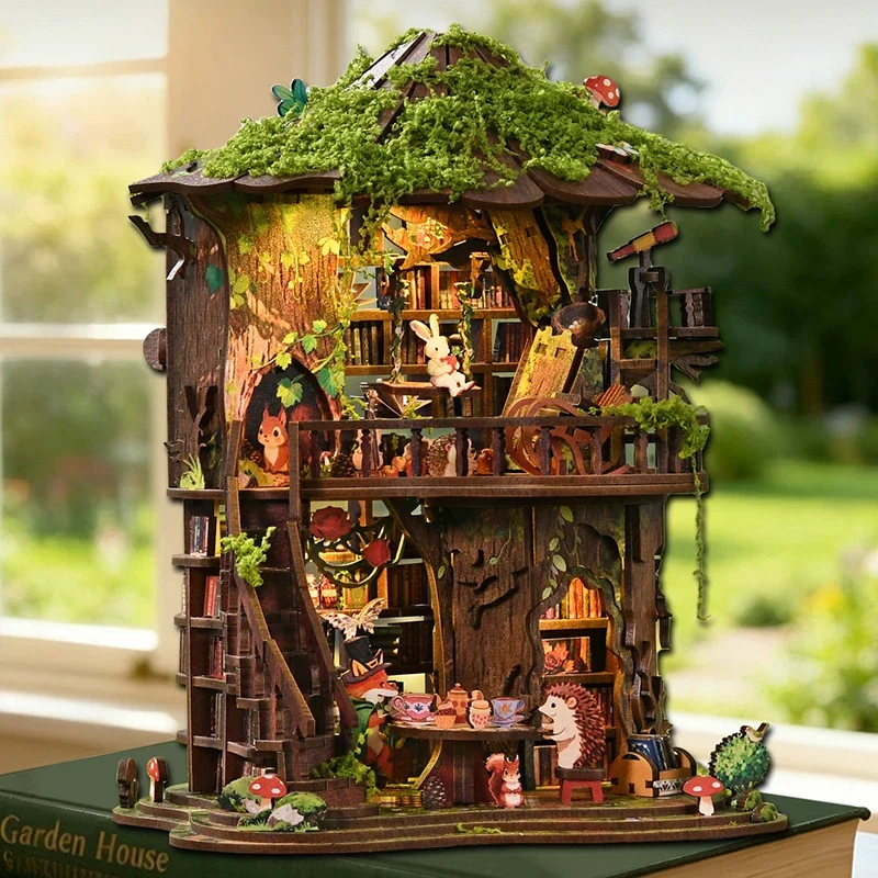 DIY Wooden Forest Tea Book Club Book Nook Miniature Model Kits With Furniture LED Lights Dollhouse for Friends Birthday Gifts